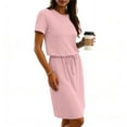 thumbnail image 4 of Miluxas Dresses for Women Summer Short Sleeve Crew Neck Sweatshirt Dress Drawstring Waist Tunic Tops Mini Vacation Sundress Pink, 4 of 6