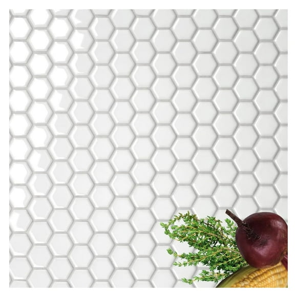 Tenedos Hexagon 1x1 Porcelain Shiny Finish Mosaic Floor Wall Tile Backsplash Glossy Look 1 inch for Kitchen, Bathroom Shower, Accent Decor, Fireplace (Pack - 10 Sheets, White)
