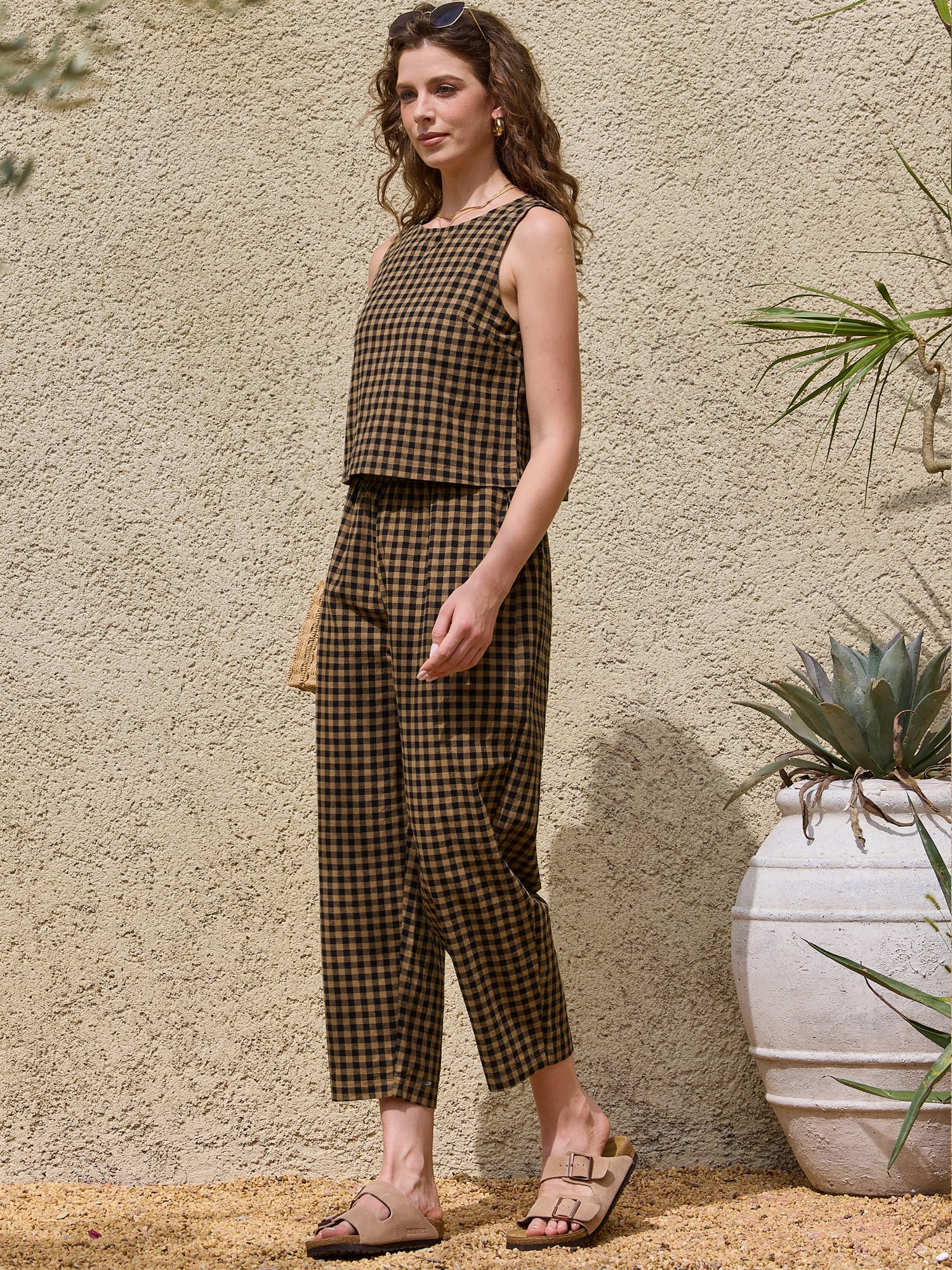 DARING DIVA Women's Gingham Pants Set 2 Piece Outfits Sleeveless Crop Top S Dark Khaki