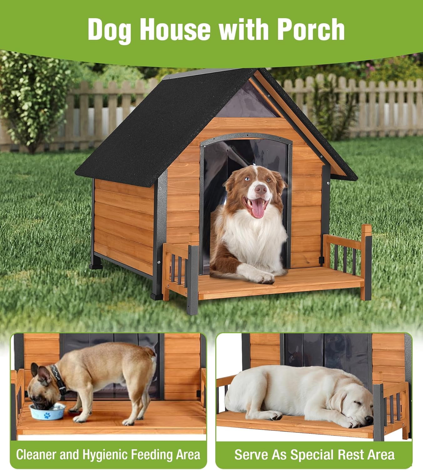Aivituvin Large Dog House Outdoor Weatherproof with Porch, All-Metal Frame Chew-Proof Dog Kennel with Asphalt Roof, for Small Medium Large Dogs