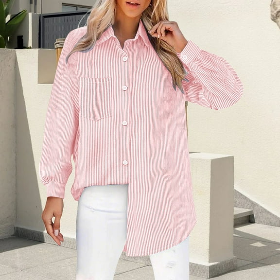 Pink Women Shirts, Womens Daily Casual V Neck Shirts Long Sleeve Collared Blouses Pocket Loose Fit Shirt,Women Shirts XL