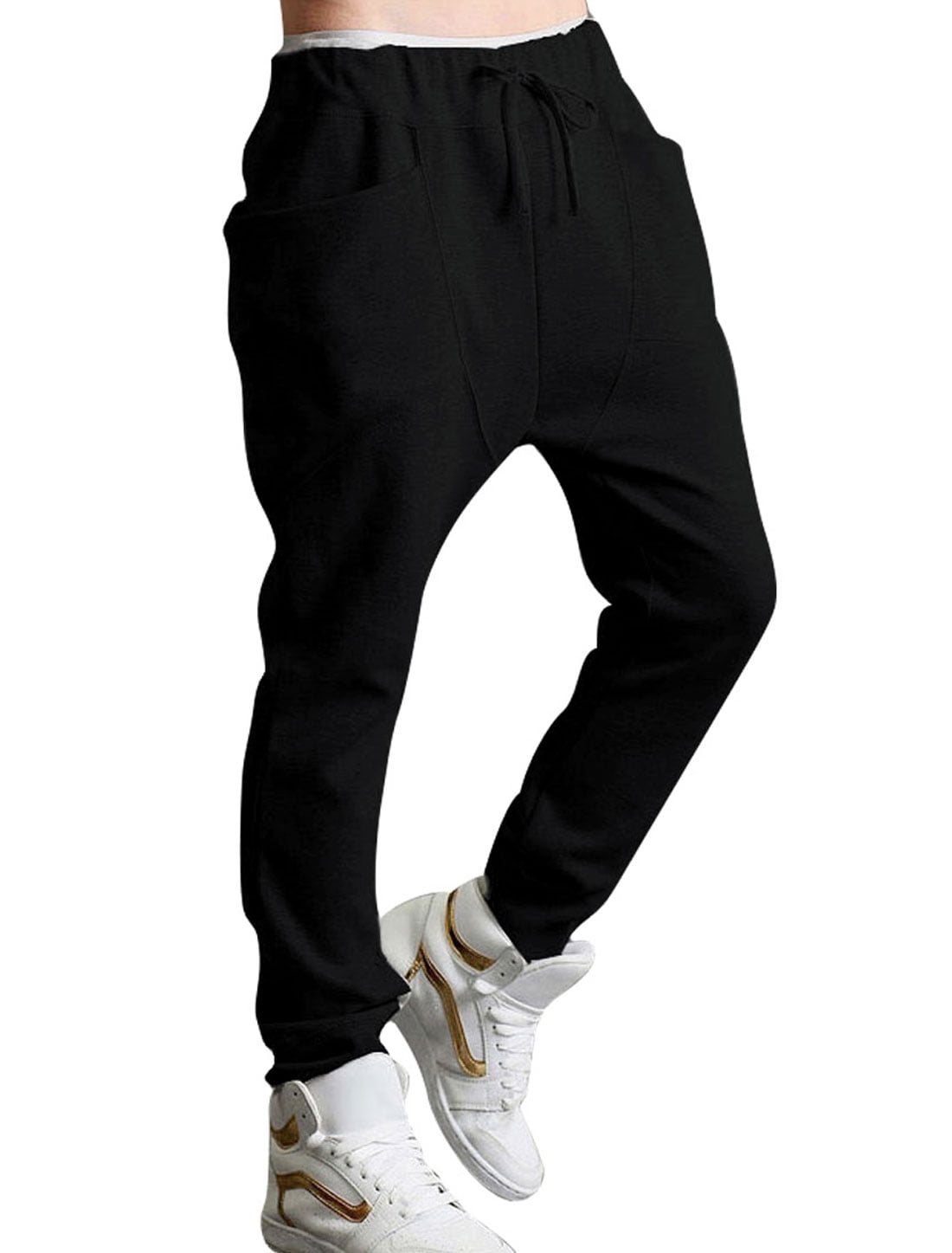 Mens NEW Stylish Drawstring Elastic Waist Baggy Straight Pants Black