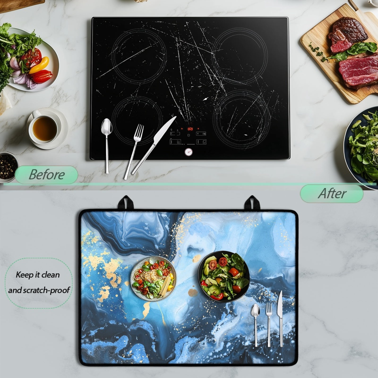 Renewold Ceramic Glass Stove Top Cover for Electric Stove, Non-slip Stove Mat Stovetop Protector Cover Multipurpose Desk Saver Pad for Counter Top, Blue Gold Marble