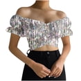 thumbnail image 1 of Blusa corta fruncida con hombros descubiertos y estampado de manga corta sin tirantes para mujer Pompotops hkajfhjk473544, 1 of 6