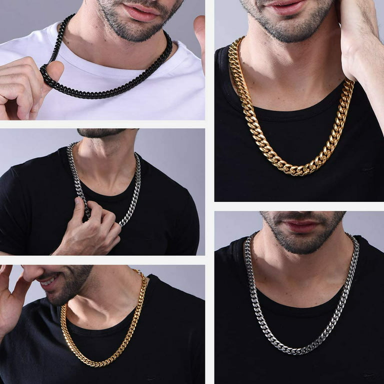 18K Gold Plated Stainless Steel 316L Beveled Cuban Chains Necklaces 3, 4,  5, 6, 7, 8, 9, 10mm Thickness 14 to 36 Inches Length 