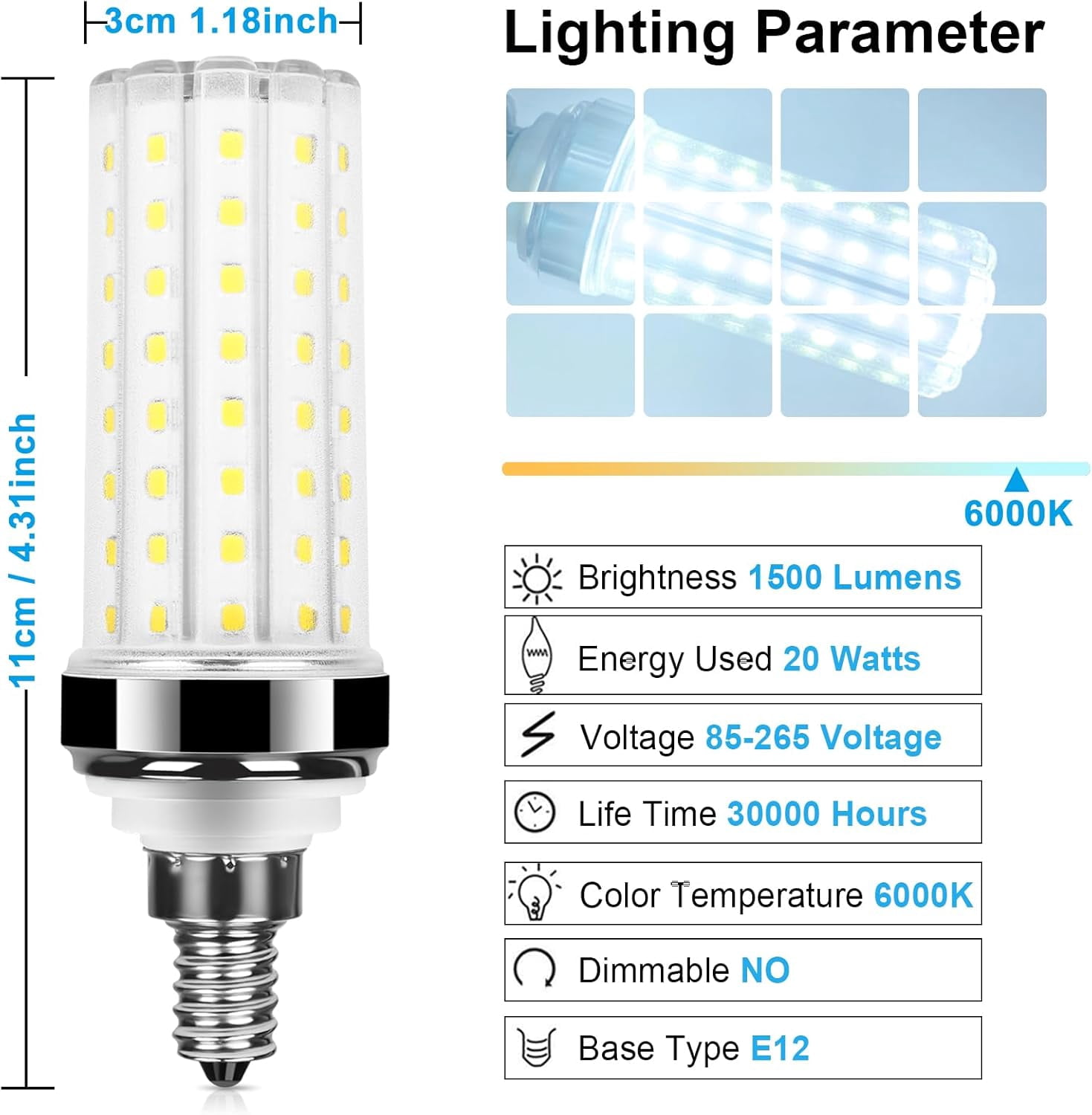 8 Pack E12 LED Bulb, LED Corn Light Bulb 150w Equivalent 1500 Lumen 6000K Daylight White 20W Ceiling Fan LED Light Bulb for Home Garage Warehouse Indoor Outdoor Led Corn Bulb