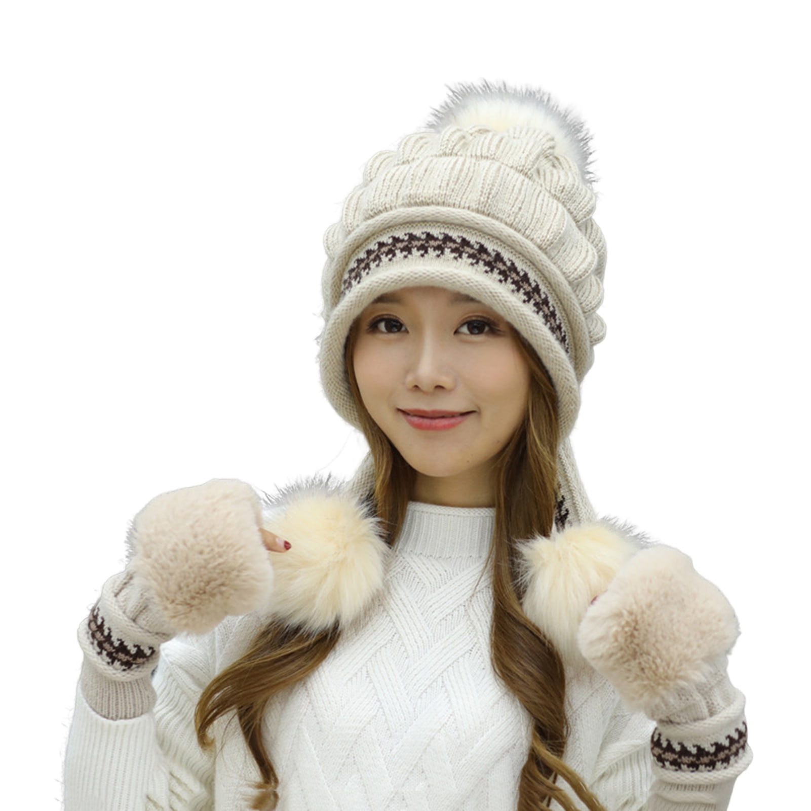 CXDa 2Pcs/Set Women Hat Gloves Large Pompoms Plush Fingerless Thickened