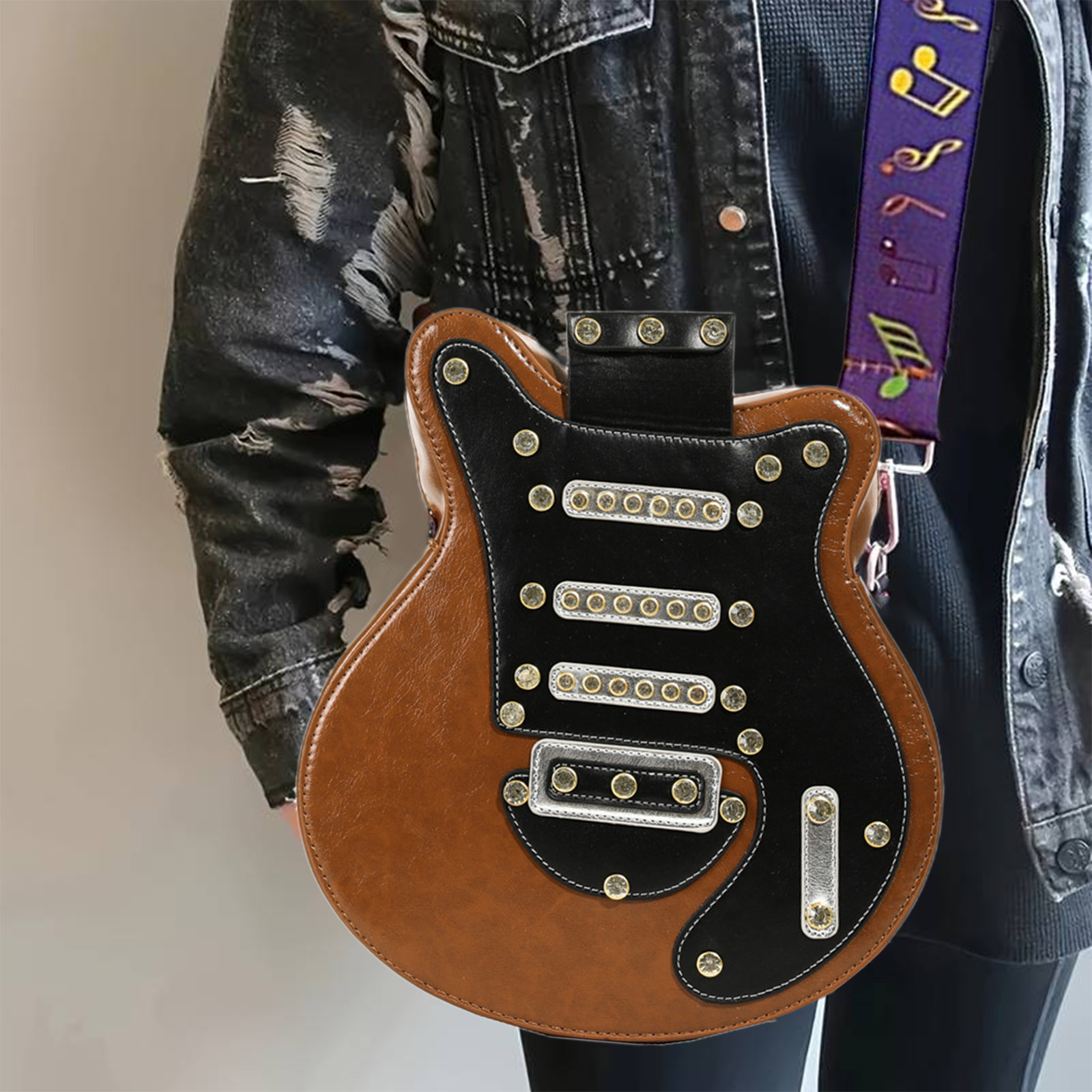 Guitar Shaped Crossbody Bag - Rhinestone Accent PU Leather Sling Bag Adjustable Strap Music Theme Purse Concert Festival Gift Unisex Design(Brown)