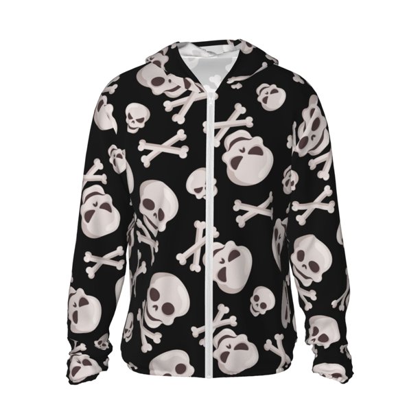 Fotbe black white Skull bone Chaqueta con Protección Solar UPF 50+ para Hombre y Mujer, Camisa con Capucha y Bolsillos-Large