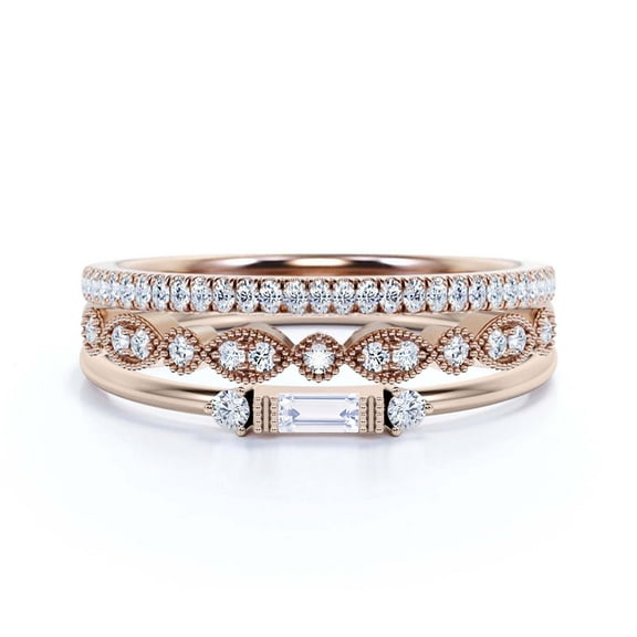Dainty Minimalist 1.75 Carat Baguette Cut Diamond Moissanite Engagement Ring, Antique Wedding Ring In 925 Sterling Silver With 18K Rose Gold Plating, Gift For Her, Trio Set, Matching Band