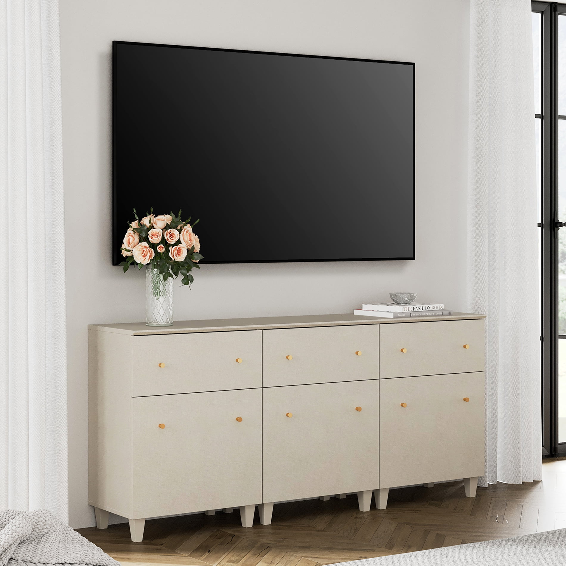 WAMPAT TV Stand Cabinets for 75+ Inch Flat Screen, 3-in-1 Modern Highboy Wooden Entertainment Center with 3 Drawers and Shelves, Dark Beige