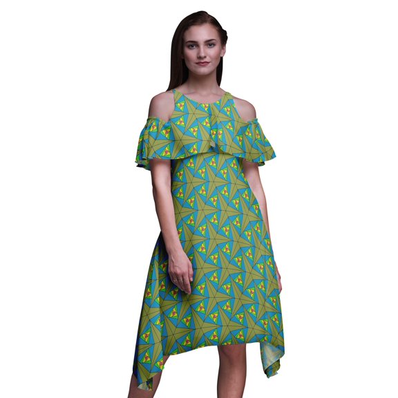 Bimba Geometric Print Flutter Sleeve Womenâ€™s Party Tunic Cold Shoulder Midi Dress-XXX-Large