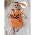 thumbnail image 5 of Loicainy Infant Baby Girl Halloween Outfit 3 6 12 18 Months Pumpkin Ruffle Long Sleeve Romper Overall Dress Headband 3 Piece Clothes Set, 5 of 9