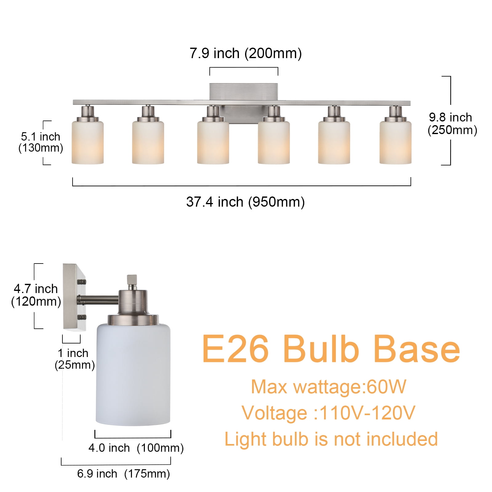 Melucee Modern Bathroom Light Fixtures, 6 Light Vanity Lights, Brushed Nickel Wall Lamp with White Glass for Bathroom