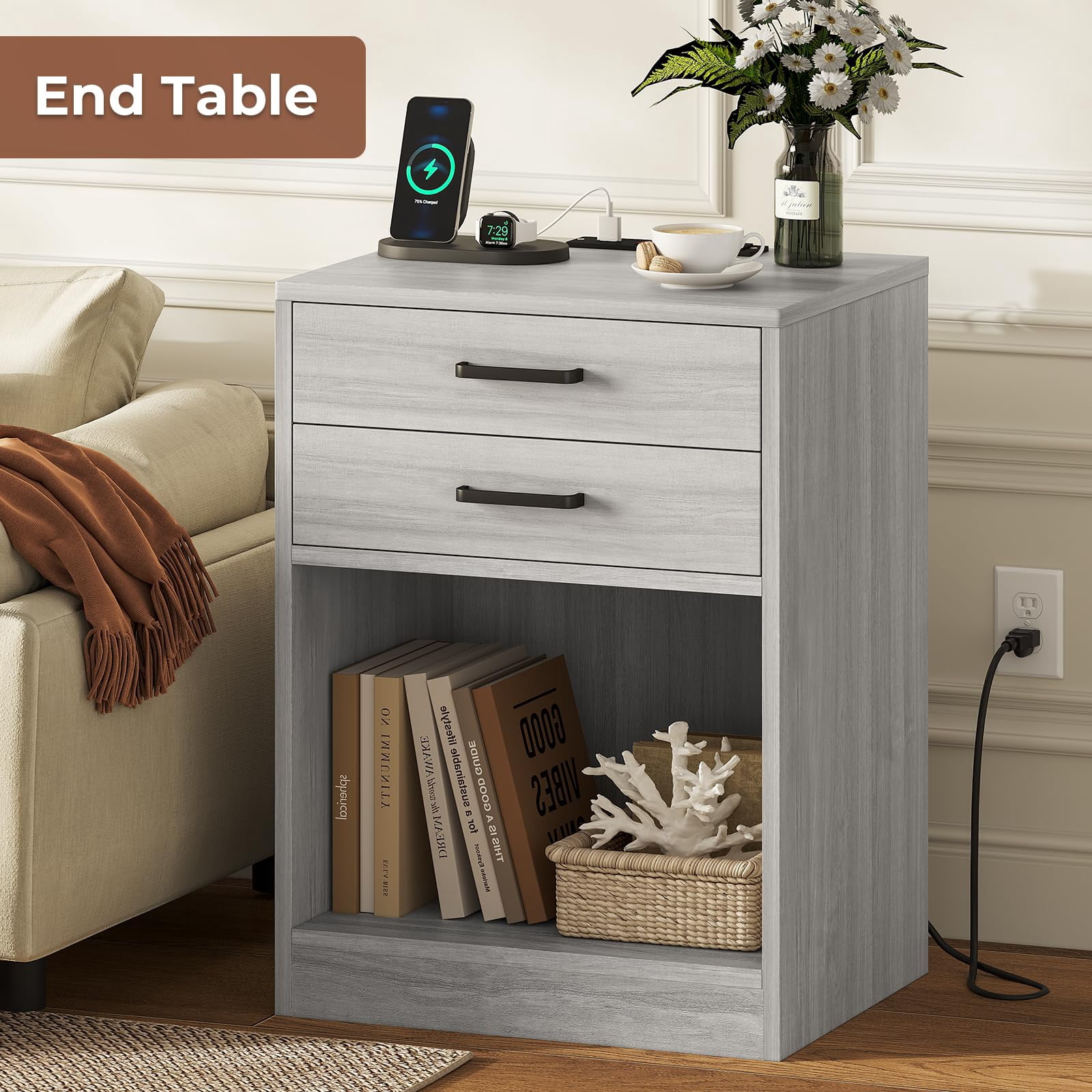 Afuhokles Nightstand Set of 2,Gray Bedside Table with Charging Station 2 Drawers