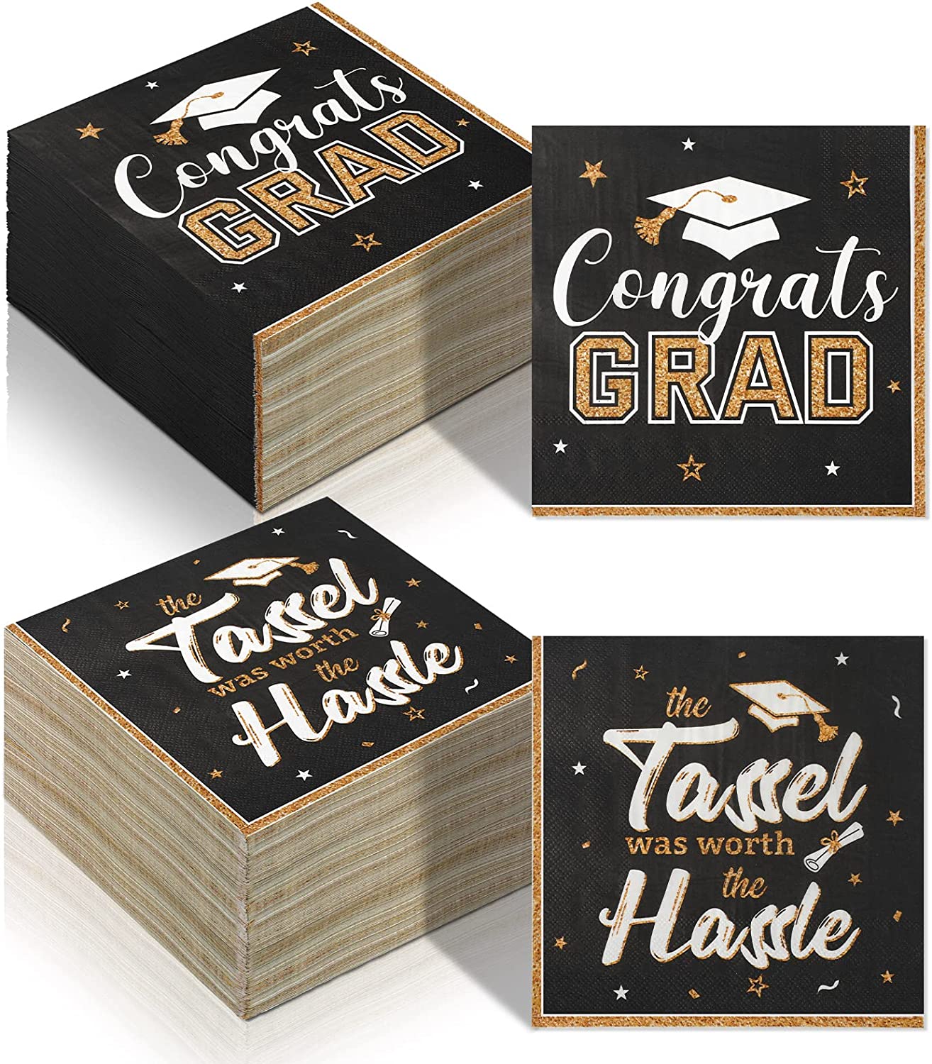 100 Pieces Black and Gold Graduation Napkins Set with Congrats Grad and