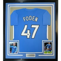 Framed Facsimile Autographed Phil Foden 35x39 Manchester City Blue Reprint Laser Auto Soccer Jersey