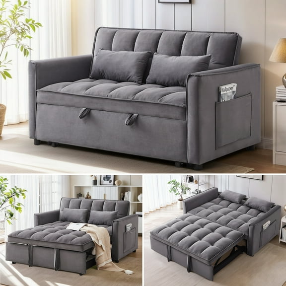 Anpport 3-in-1 Convertible Sleeper Sofa Bed, Pull-Out Loveseat Couch with Adjustable Back for Small Spaces, Velvet Fabric, 55", Dark Gray