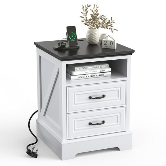 GONICHA 18" End Table with Charging Station,Nightstand with 2 Drawers for Bedroom,White