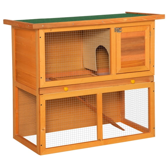 PawHut Lapin en Bois Clapier Petit Animal Maison Cage 2 Niveaux W / Courir Arrière-Cour