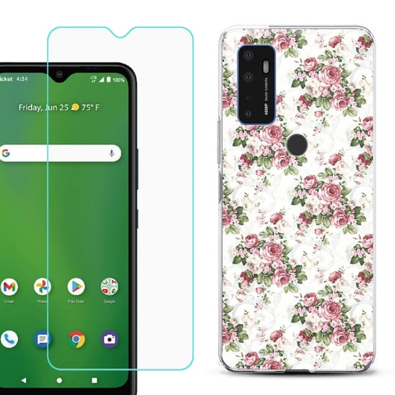 Shockproof Bumper Phone Case for AT&T Radiant Max 5G / Fusion 5G, with Tempered Glass Screen Protector, by OneToughShield ® - Floral/Rose