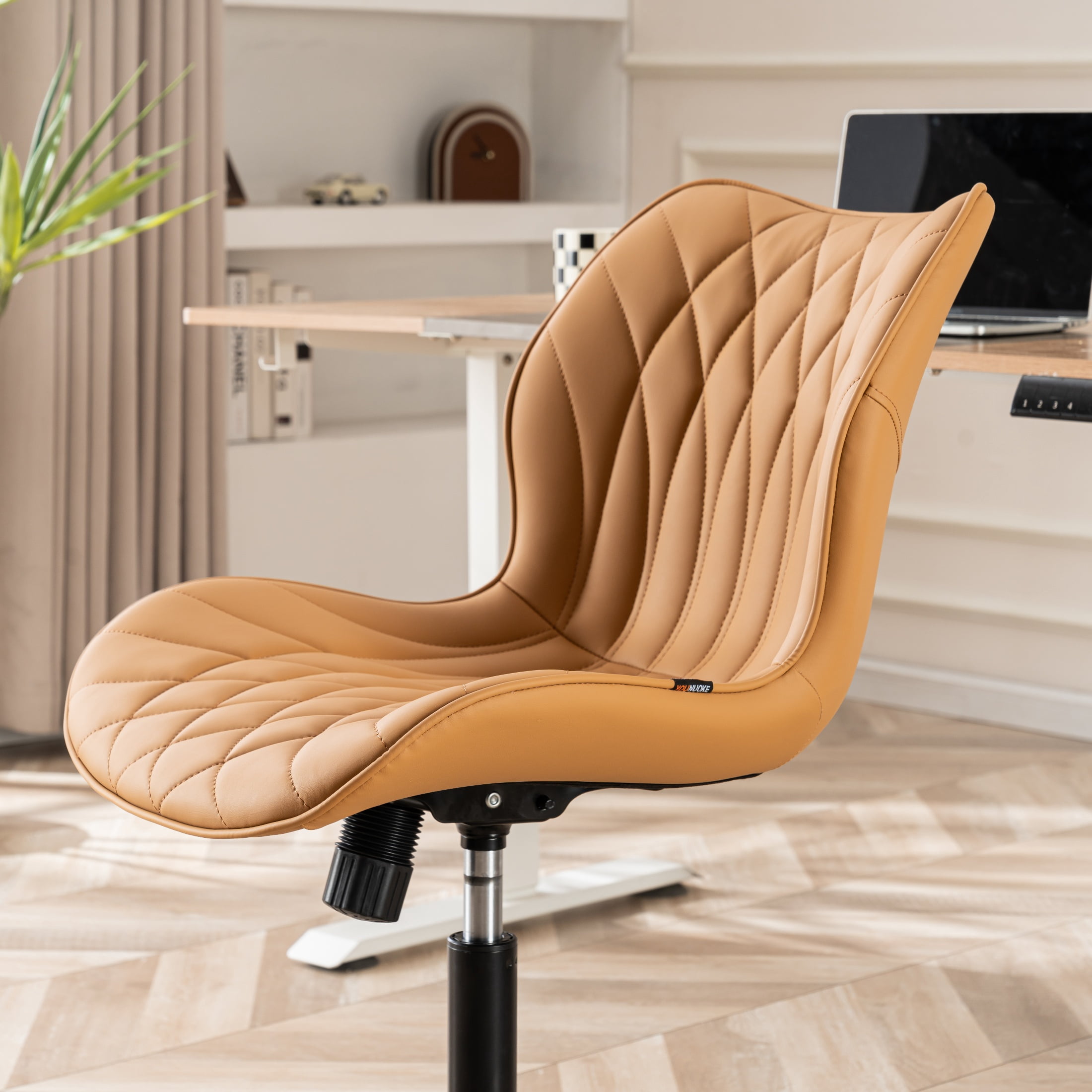 Kidol & Shellder PU Leather Desk Chair, Adjustable Swivel Office Chair, Upholstered Modern Task Chair with Wheels, Ergonomic Swivel Chair, High Back Chair, Camel