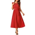 thumbnail image 2 of Vestido midi casual sin mangas con volantes para mujer Inspire Chic, cuello redondo, plisado, fluido y con cinturón, talla XL, rojo, 2 of 5