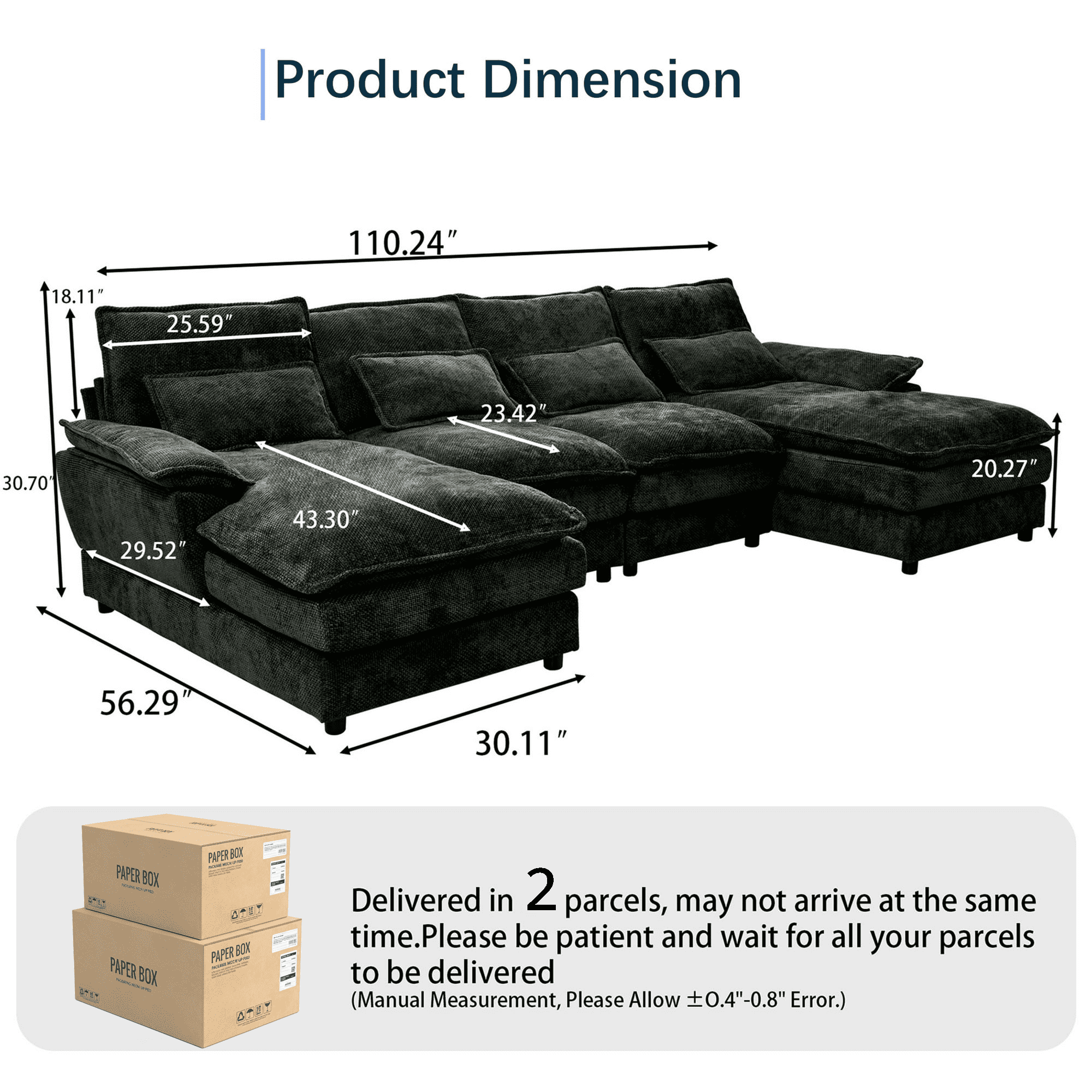 SEENYOO 110.24" U-Shaped Couch, Cloud Modular Sectional Sofa with Chenille Fabric, 4-Seat Comfy Couch for Living Room, Black-Gray