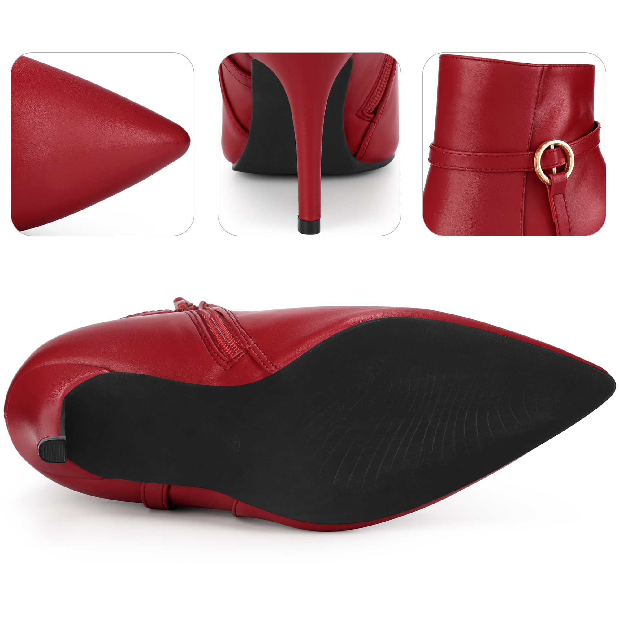 DARING DIVA Women's Pointed Toe Buckle Strap Stiletto Heel Ankle Boots Red US 8