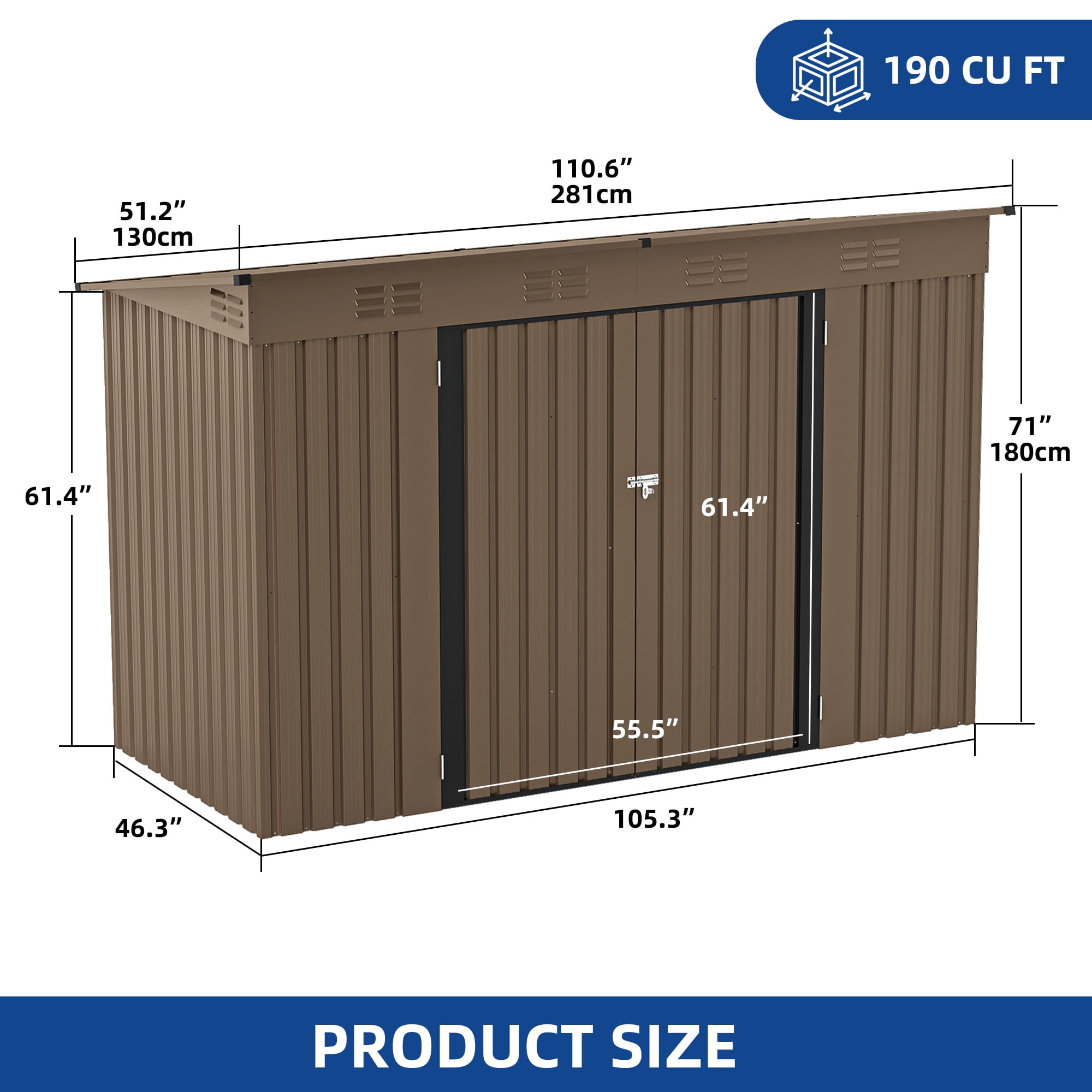 Uforic Oversized Steel Storage Shed with Ventilation, Lockable Doors, and Sloped Roof for Outdoor, Brown
