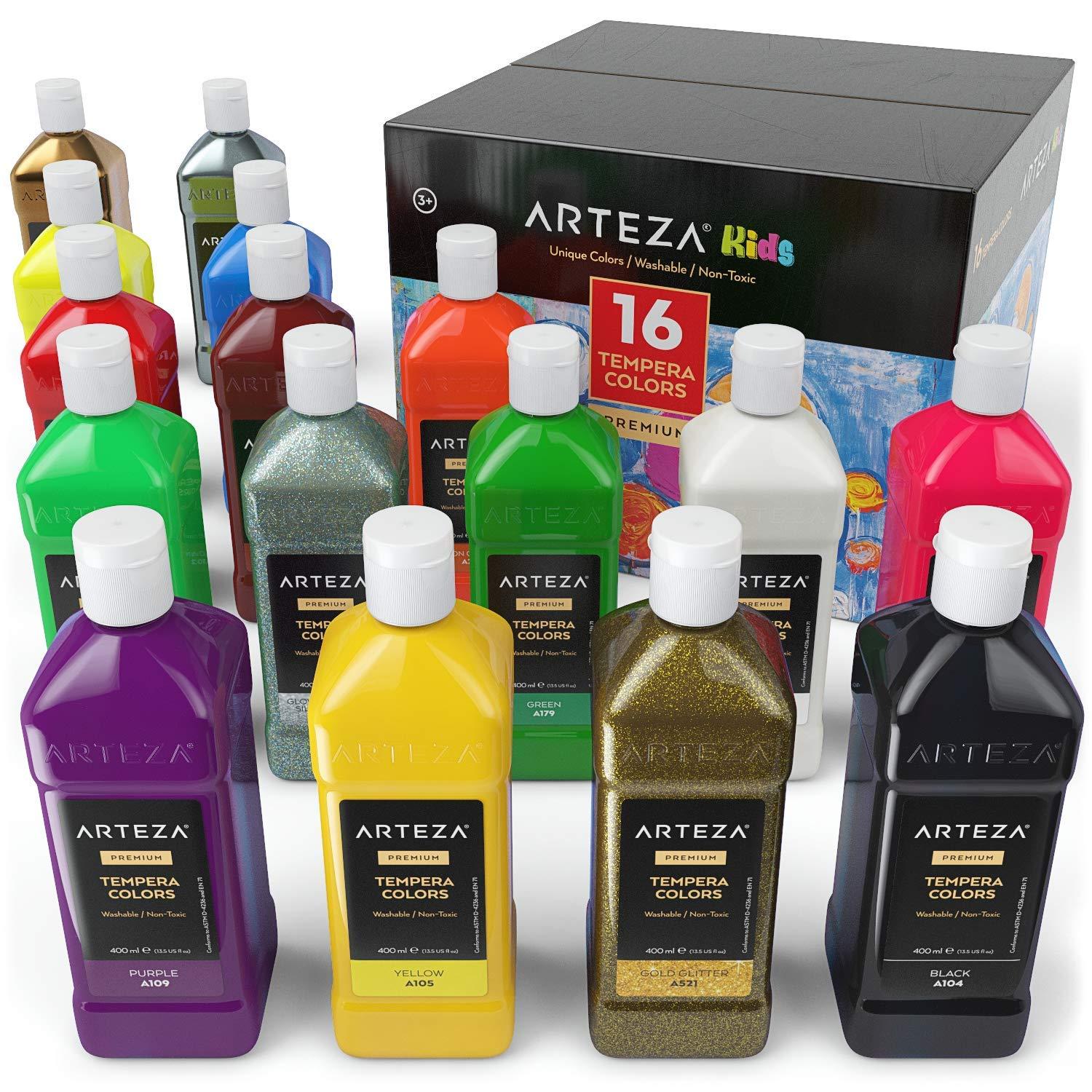 ARTEZA Tempera Paint Set for Kids (13.5 US fl oz./400 ml), 16 Rich, Non
