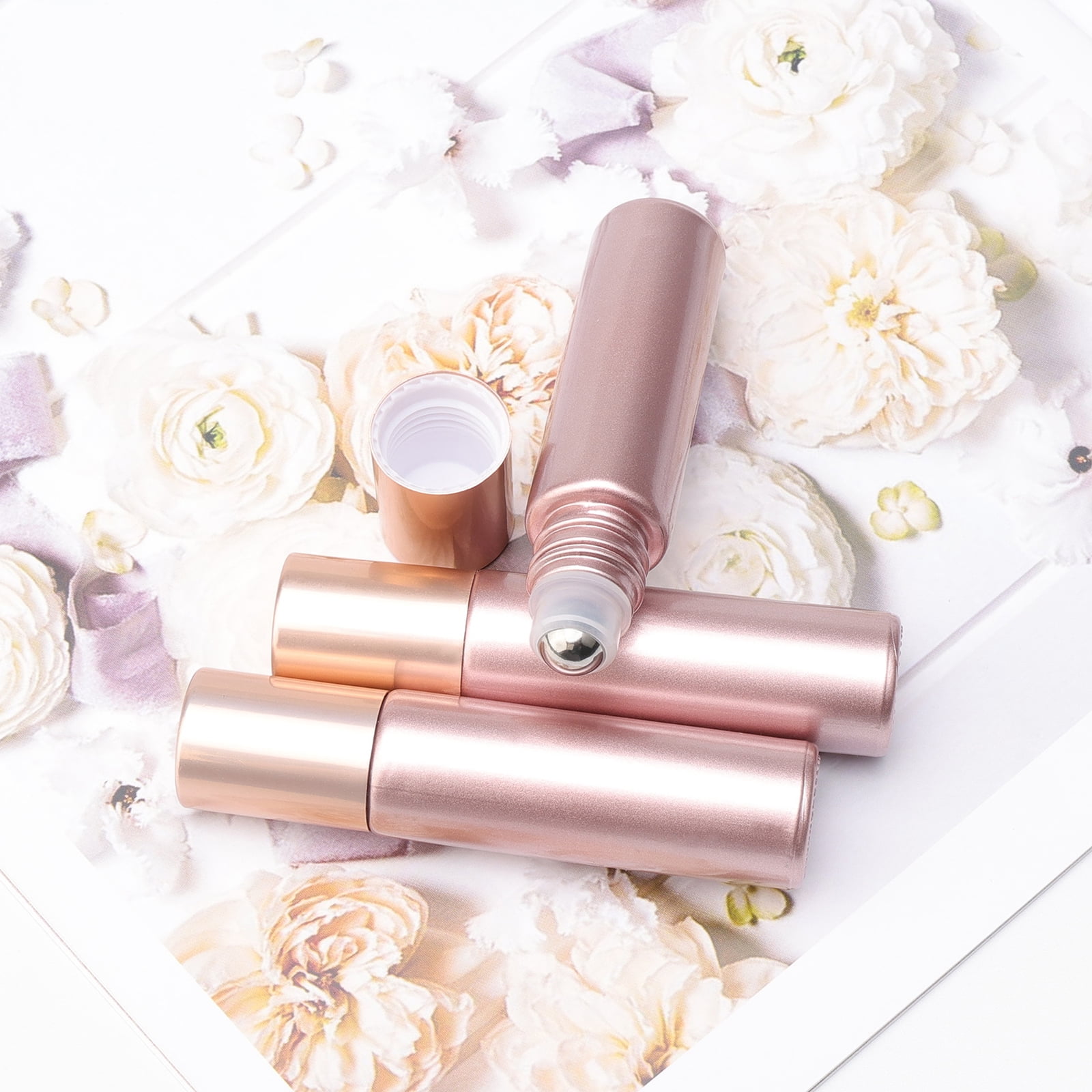 Essential Oil Roller Bottles 33PCS 10ml Matte Rose Gold Roller Bottles with Stainless Steel Roller Balls and Caps for Travel, Perfume and Lip Gloss
