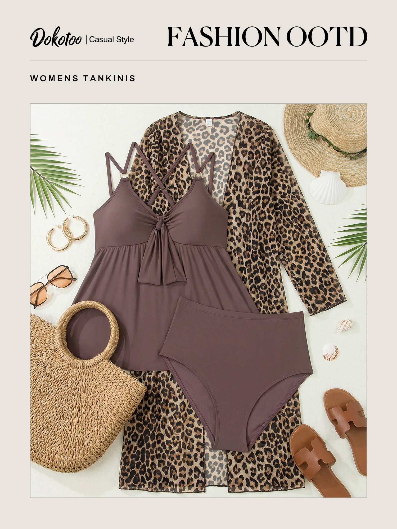 DOKOTOO 2 Piece Swimsuits for Women Tie Front Tankini Top with Brief Bottom Tummy Control Bathing Suit Brown XL US16-18