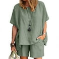 thumbnail image 3 of REORIAFEE Womens Summer Sets Outfits Workout Sets Women Casual Summer Round Neck Short Sleeve Tops Shorts Two Pieces Set Suit Army Green L, 3 of 6