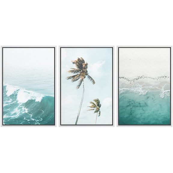 wall26 Framed Wall Art Print Set Palm Trees and Aerial Ocean Views Nature Wilderness Photography Modern Art Tropical Scenic Colorful for Living Room, Bedroom, Office - 16"x24"x3 White