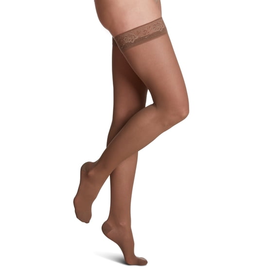 Sigvaris Style 783 Sheer 30-40 Closed Toe Thigh High Compression Stockings w/Grip Top Cafe LS Short