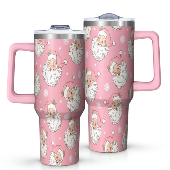 Pink Christmas Santa Pattern Tumbler with Handle and Lid,40oz Double Wall Vacuum Insulated Tumbler,Cups Gift for Women and Men