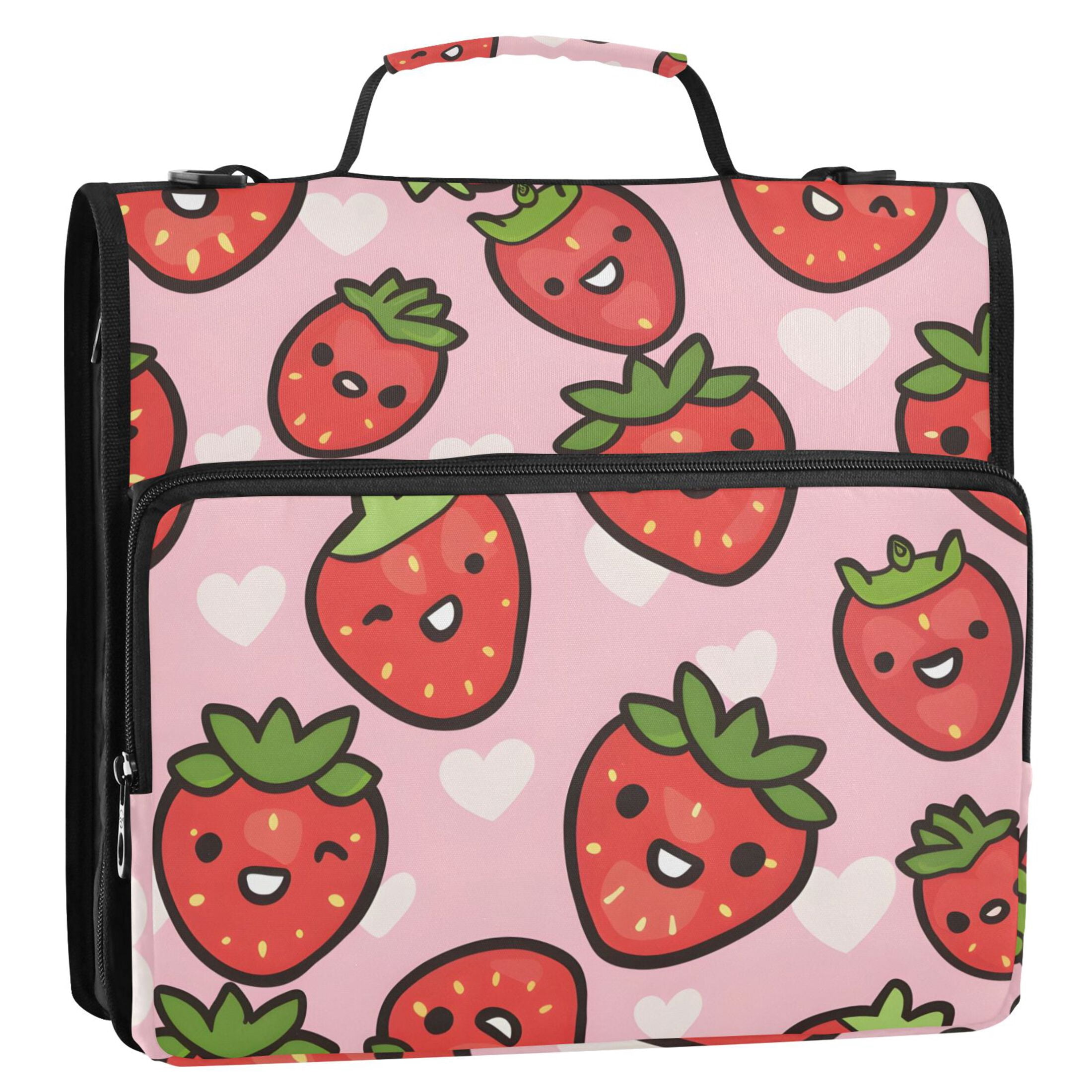 3 Ring Zipper Binder with Shoulder Strap Waterproof Trapper Keeper 2 Inch D-Ring 500 Sheets Capacity Cute Cartoon Strawberry
