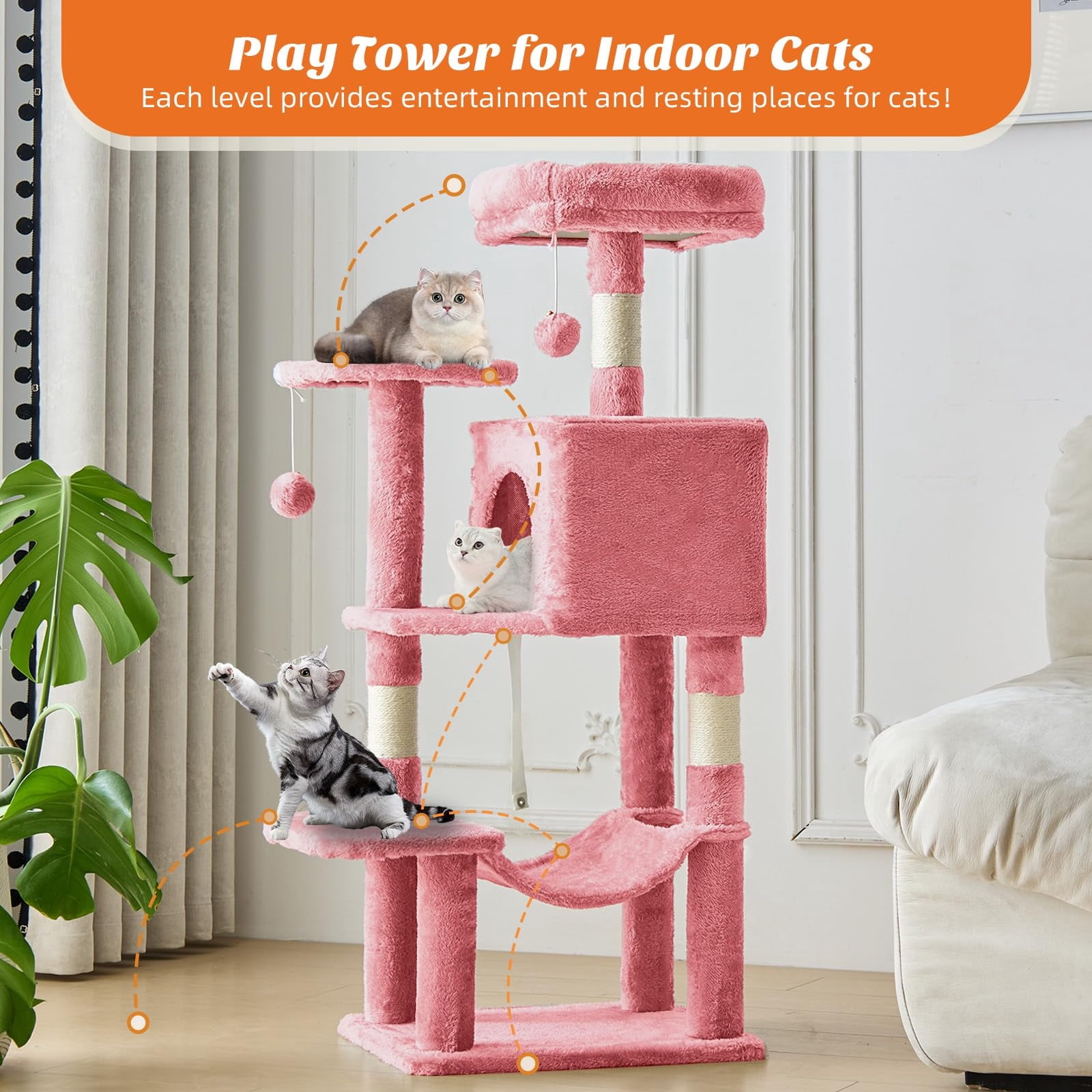Kelno 44" Cat Tree Tower Durable Cat Climbing Tower with Sisal Scratching Posts Cozy Condo Hammock and Platforms, Pink