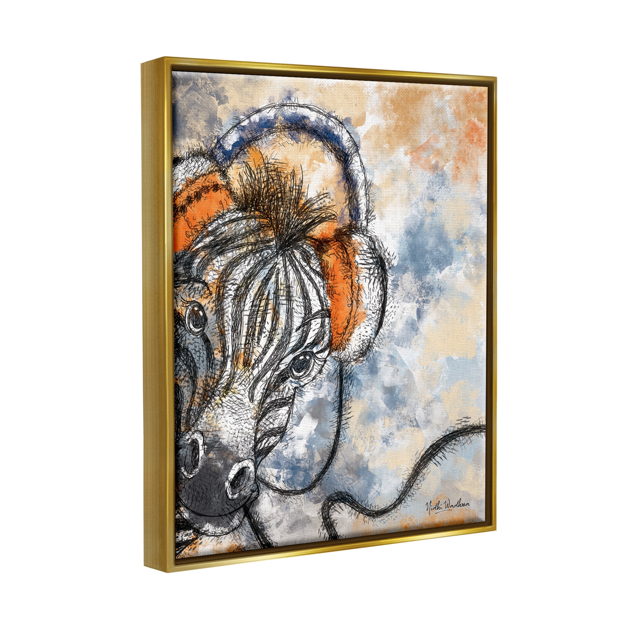 Stupell Industries Zebra with Headphones Animals & Insects Painting Gold Floater Framed Art Print Wall Art, 25 x 31