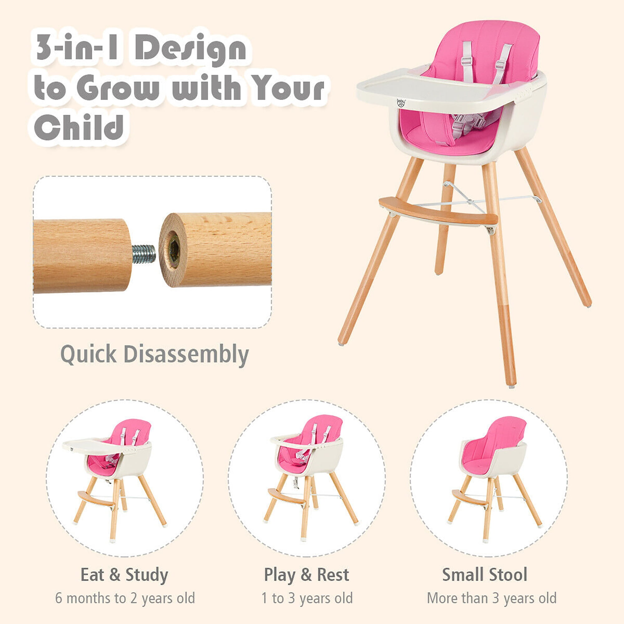 Babyjoy 3 in 1 Convertible Wooden High Chair Toddler Feeding Chair with  Cushion Pink
