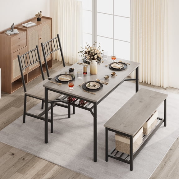 Kicctian Space-Saving 4 Piece Dining Table Set for 4 with Chairs and Storage Bench – Rectangular Kitchen Table with Wine Rack for Apartments and Small Spaces,Grey