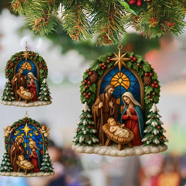 Decoración navideña de Belén 2025 con Sagrada Familia, Corona y Pesebre – Mejor adorno religioso navideño para árbol o regalo