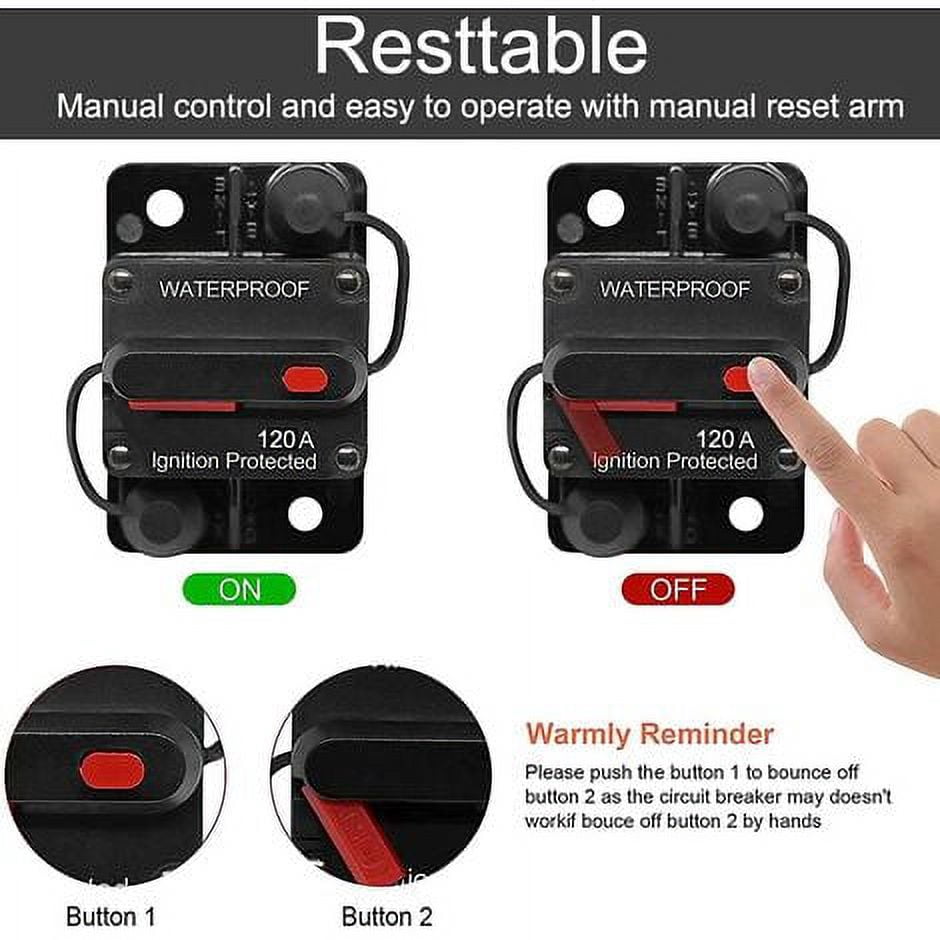 Car Circuit Breaker 30A - 150A, DC 12V - 48V Waterproof Circuit Breaker with Manual Reset for Motor Auto Car Marine Boat Bike Stereo Audio, 120A Cccanaooolceie