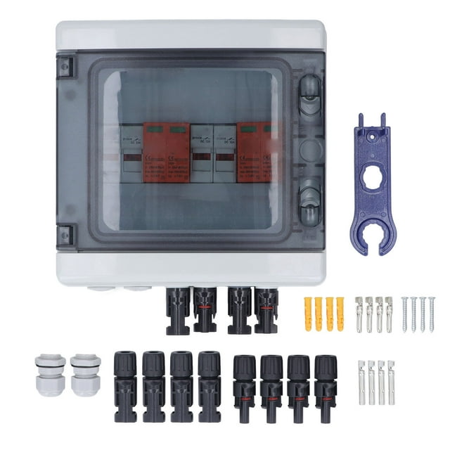 Caja combinadora solar de 4 cadenas, resistente al agua IP65, con protector contra sobretensiones y fusible de 15 A para sistemas de conexión a red y fuera de red, 500 V CC.
