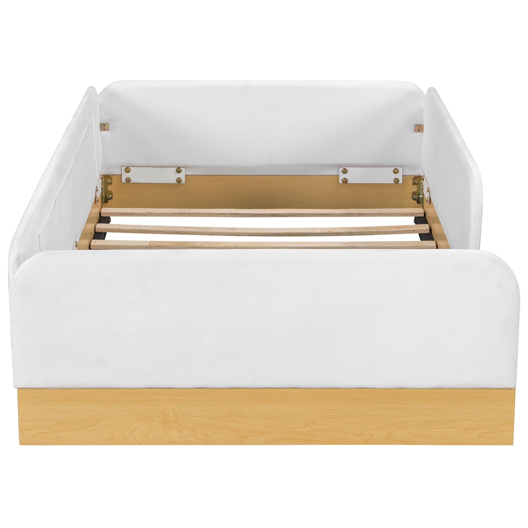 Euroco Upholstery Twin Platform Bed, Floor Bed with Storage and Guardrails, Natural
