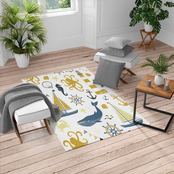 Nautical Turkish Area Rug, Pastel Colored Composition of Lighthouse Sailboat Fish Shells Octopus, Carpet for Living Room Decor with Distressed Look, 2.6' x 5', Dark Yellow Night Blue, by Ambesonne