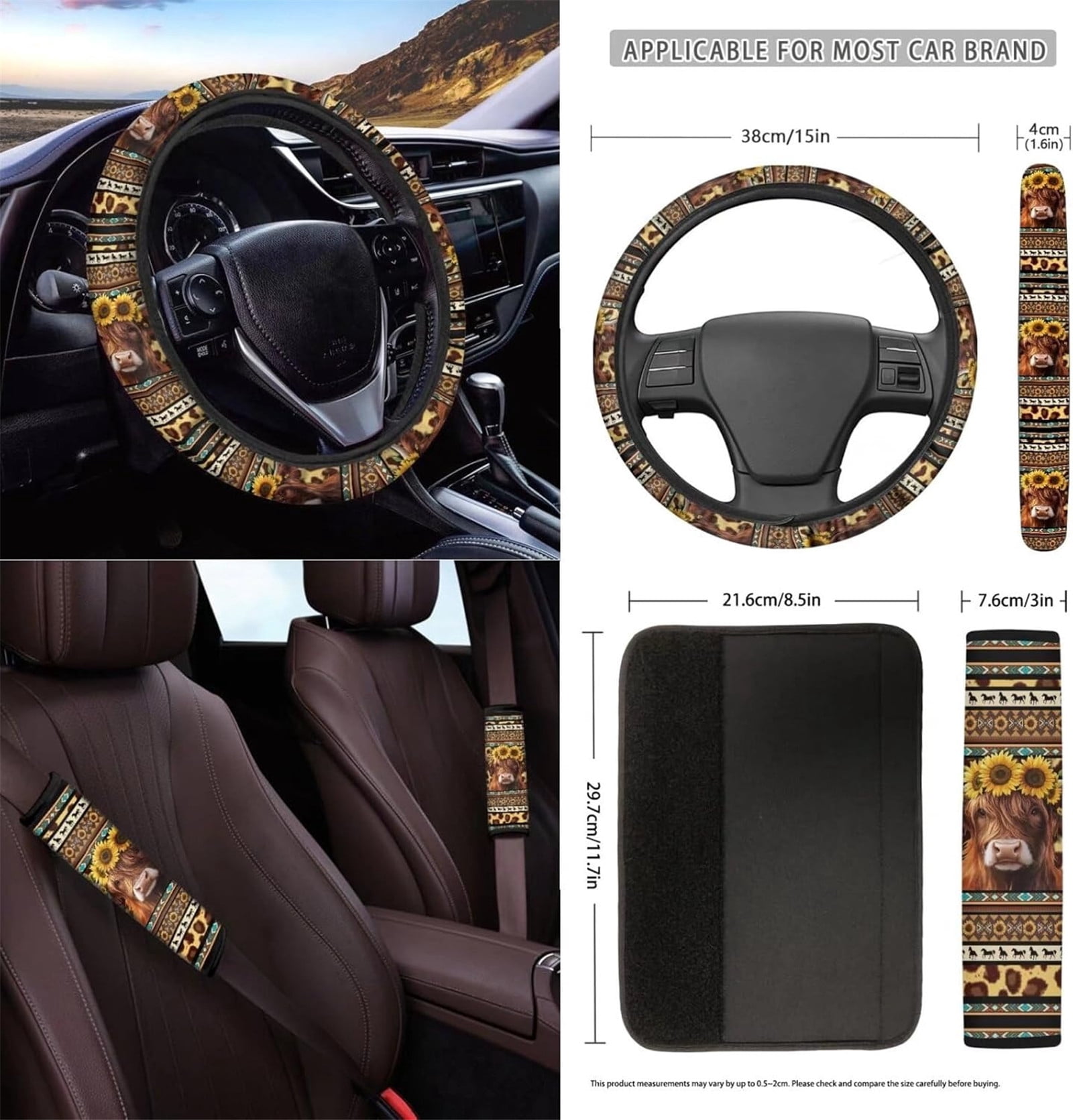 Yuyamidu Highland Cow Front Car Seat Covers Full Set of 12 Aztec Steering Wheel Cover Seat Belt Armrest Cover Trash Can Air Vent Holder Rear View Mirror Cover Coasters Keychain Auto Interior Decor