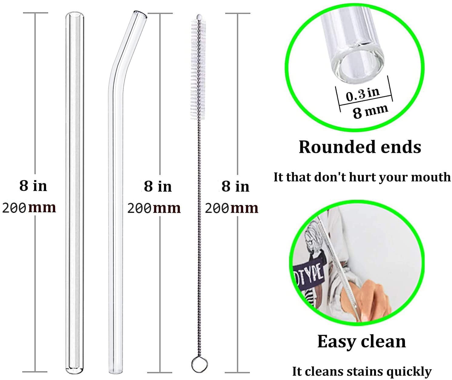 NOGIS 5 Pcs Reusable Glass Straws with 2 Cleaning Brushes, Cute