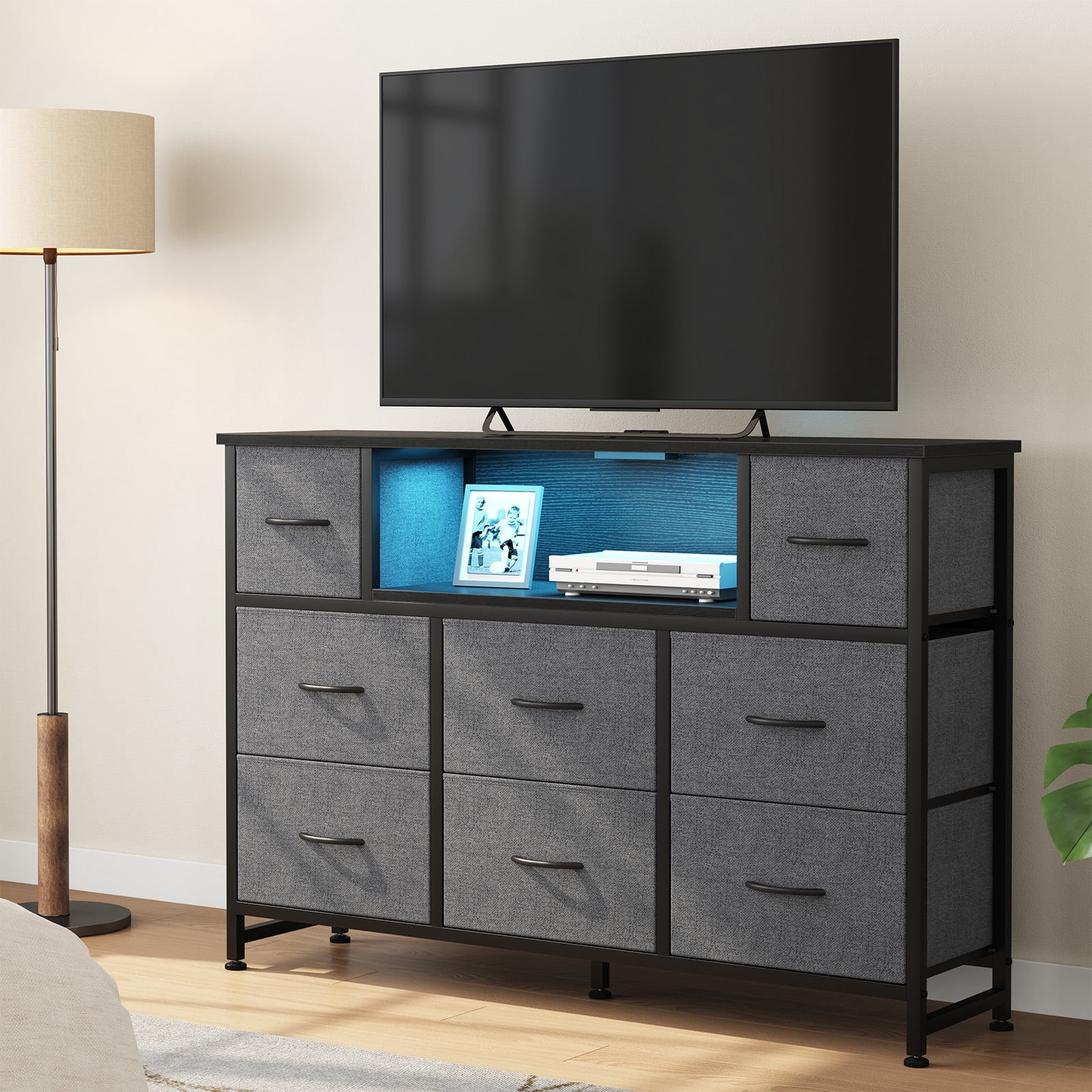 CONCETTA 55 inch TV Stand Dresser, 8 Fabric Drawers Storage Organizer for Bedroom Living Room, LED & Charging Station, Gray